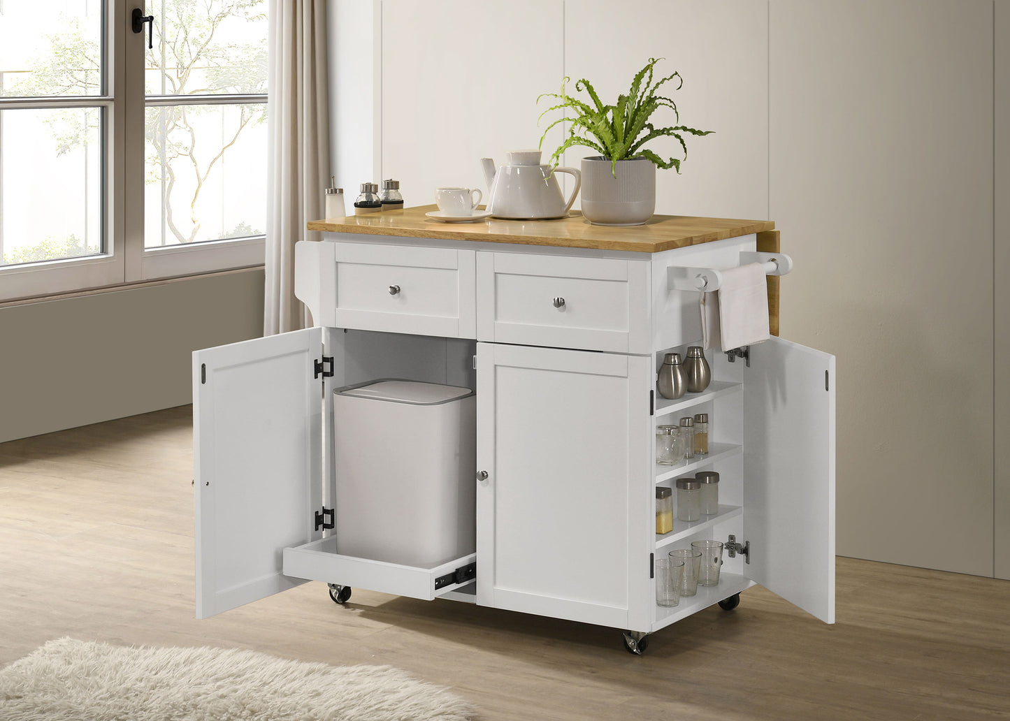 Jalen 3-door Mobile Kitchen Cart Natural Brown and White