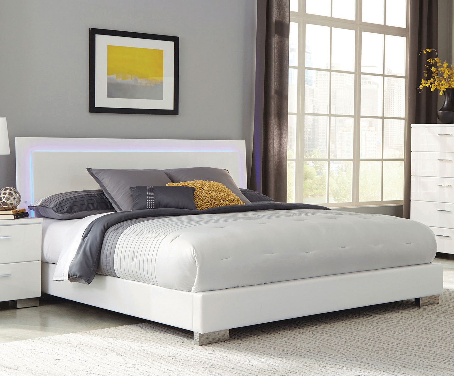 Felicity Wood Queen LED Panel Bed White High Gloss