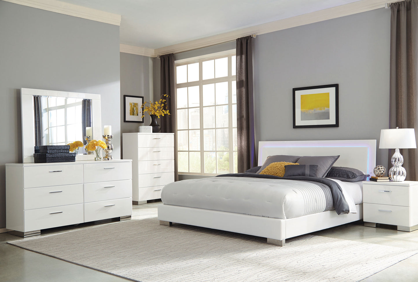 Felicity Wood Queen LED Panel Bed White High Gloss