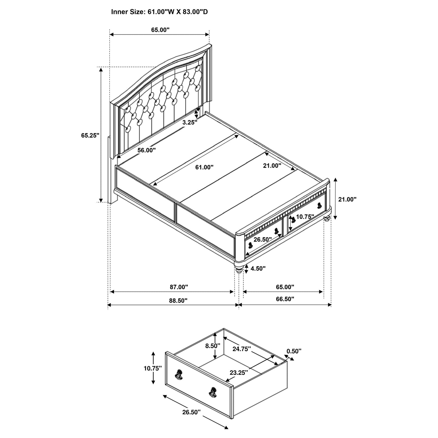 Bling Game Wood Queen Storage Panel Bed Metallic Platinum